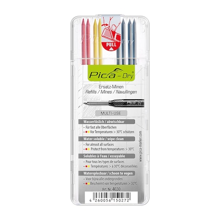 Pica Dry Water Soluble Multi-Use Refill Leads, Assorted, Graphite, Red & Yellow, 8PK 4020